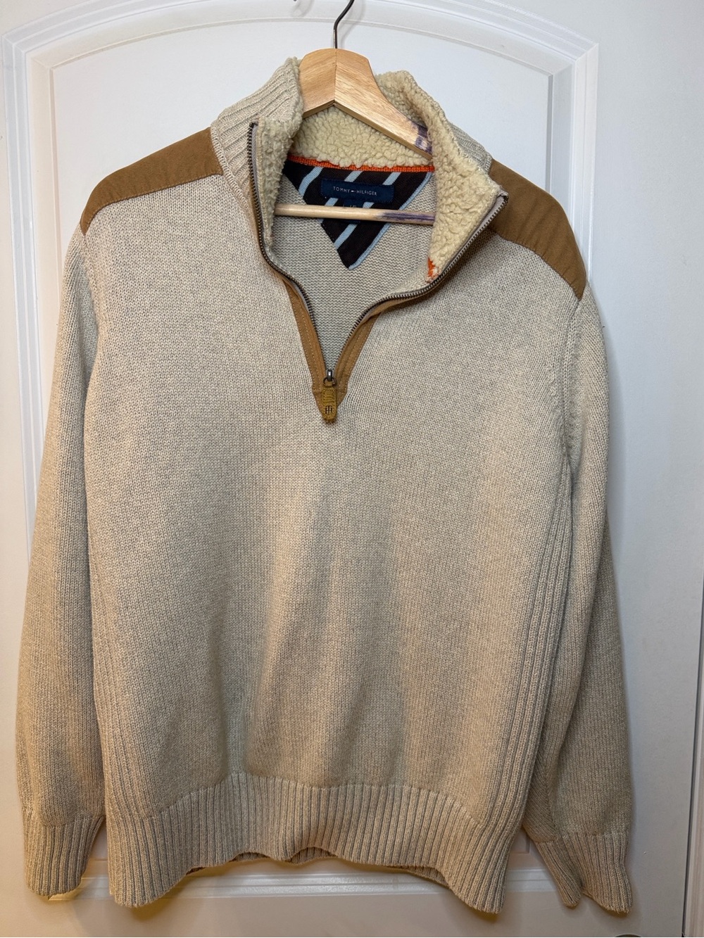 Vintage Tommy Hilfiger Men's Cream Sherpa-Trim Quarter-Zip Sweater, size L